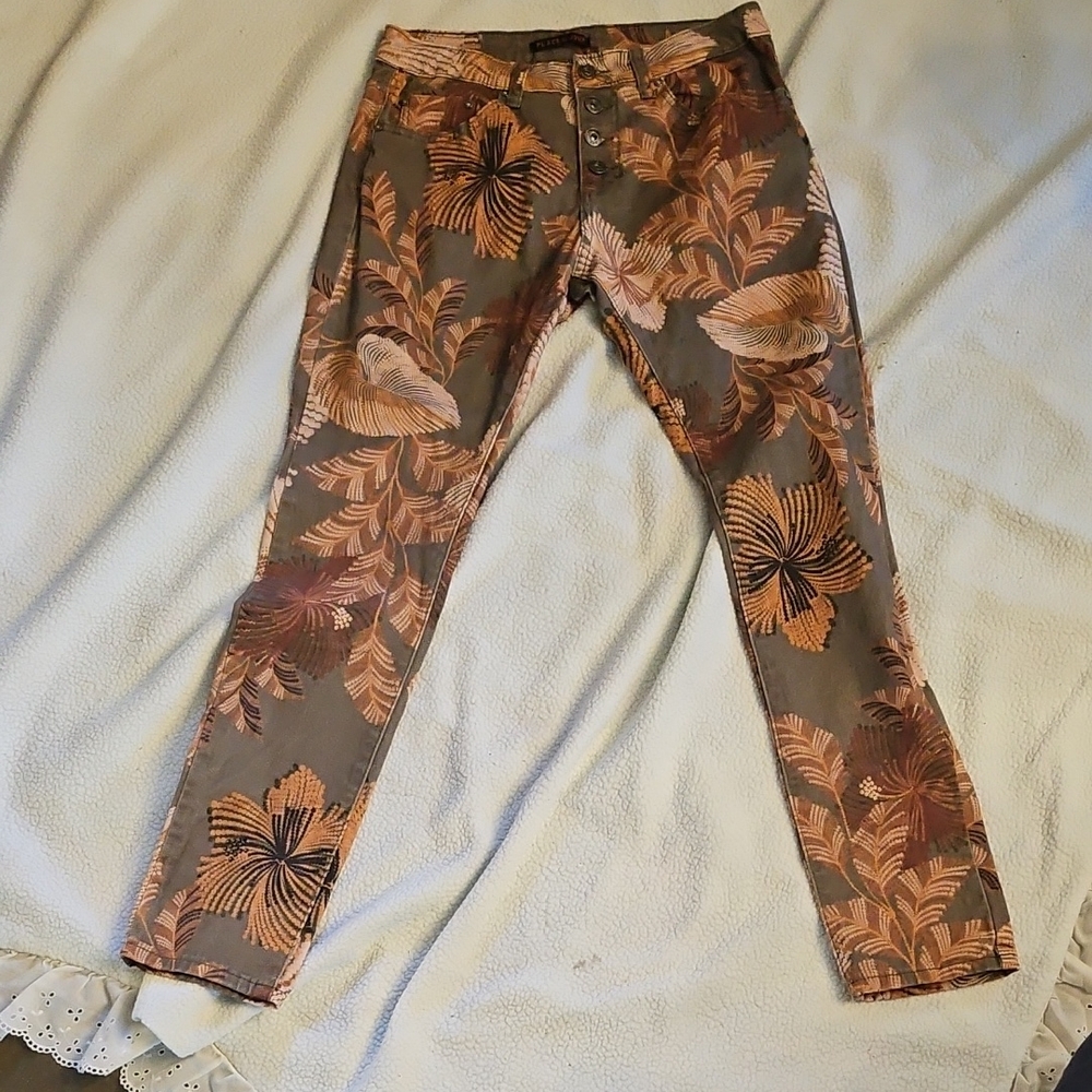 Place Du Jour Vintage Leaves Pattern Button Fly Skinny Jeans 38